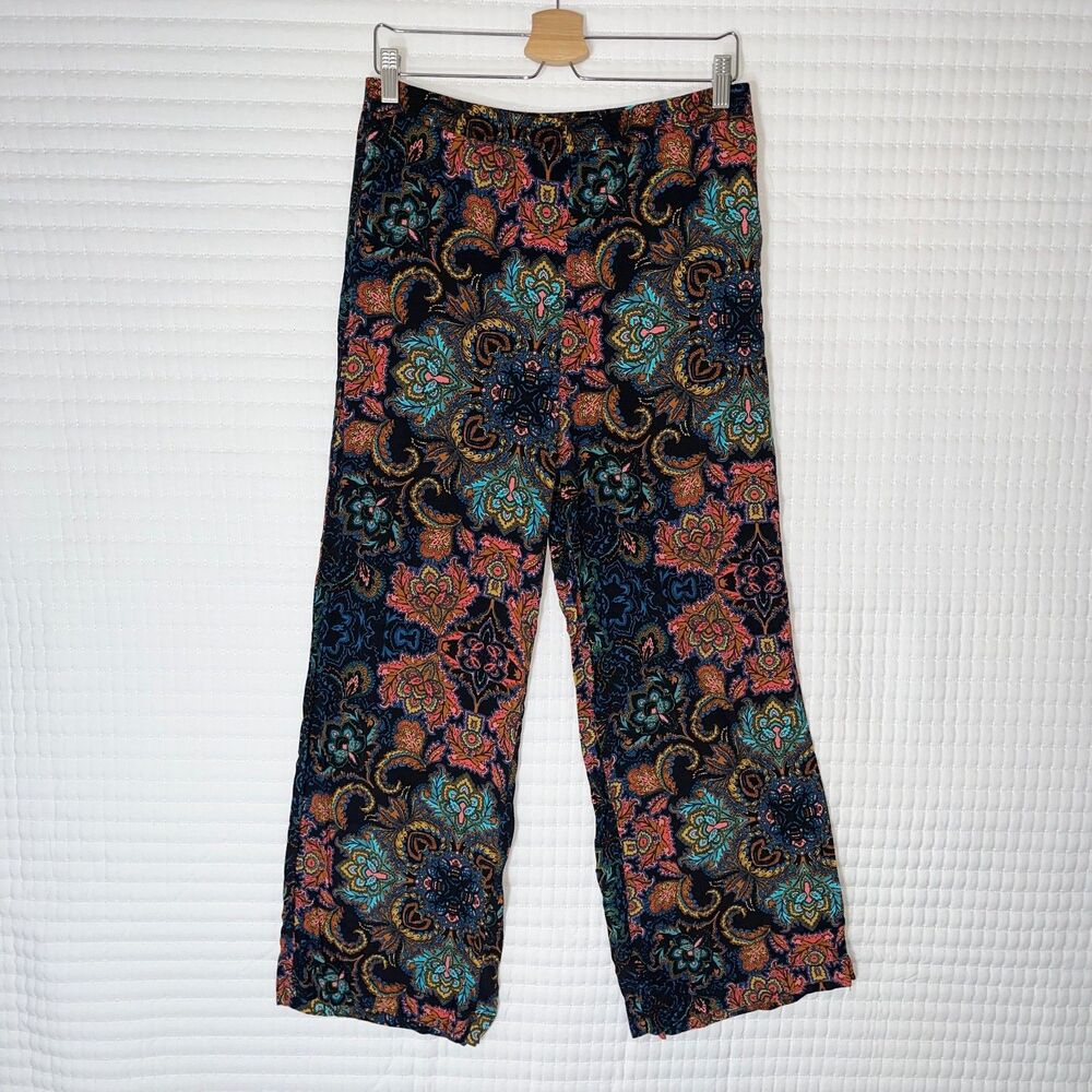 HM Boho Pull On Pants Size 8 Wide Leg Colorful Damask Floral Pockets Relaxed Fit